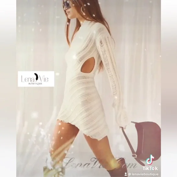 Powder Line Knit Long Sleeve Faux Wrap Cutout Sweater Mini Dress, High Neckline - Picture 3 of 8